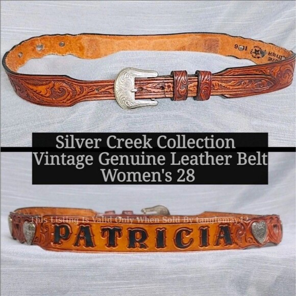 Silver Creek Collection Vintage Personalized Brown Tooled Leather Belt Womens 28 - Picture 1 of 11